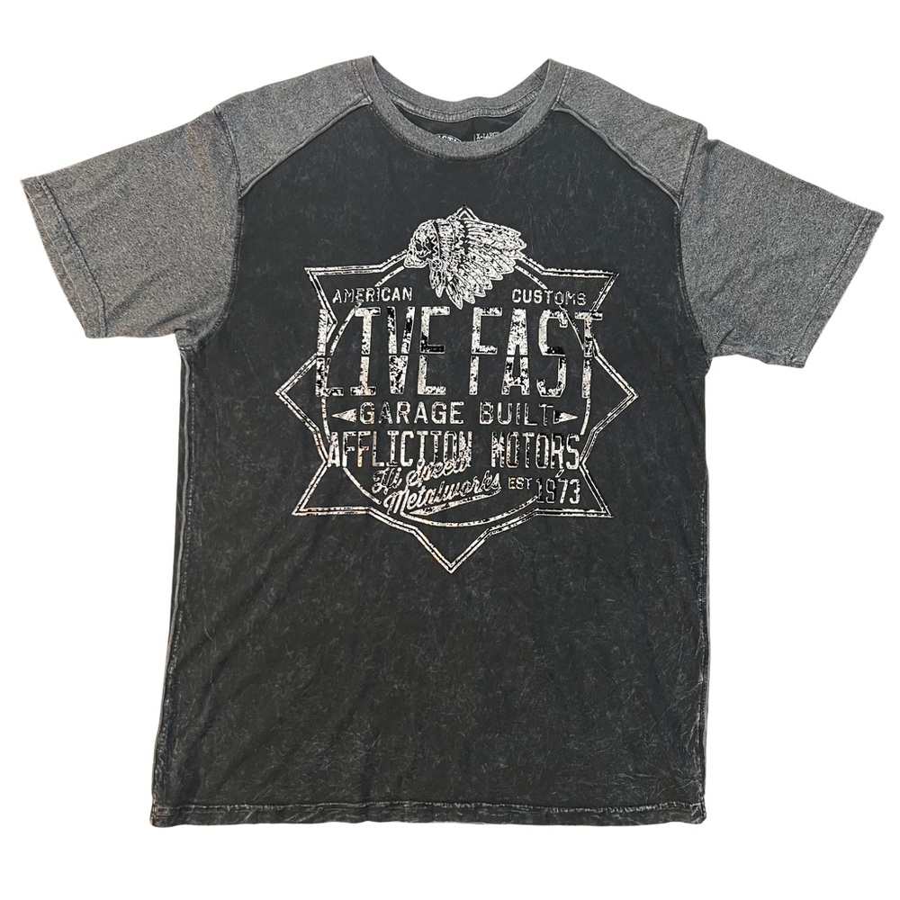Affliction American Customs Men’s XL Shirt Hi Speed Metalworks Black/Grey USA